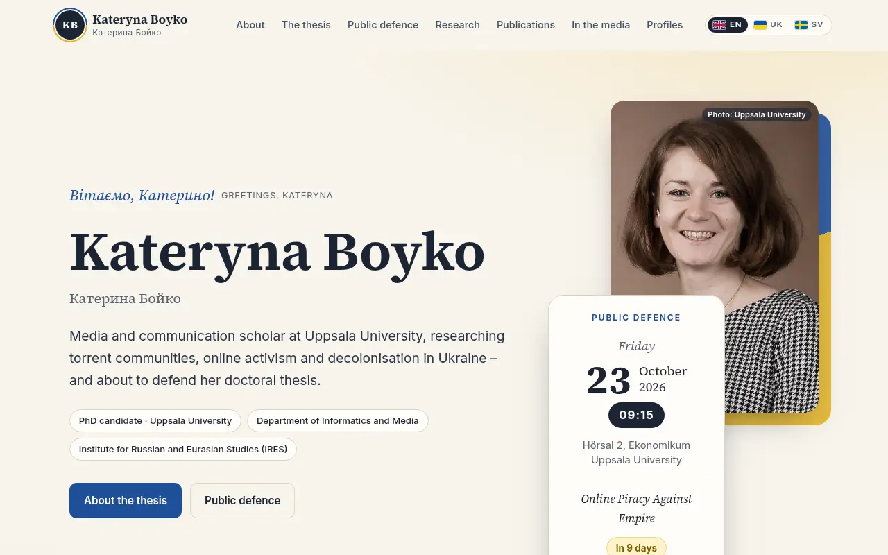 Startsidan på katerynaboyko.com